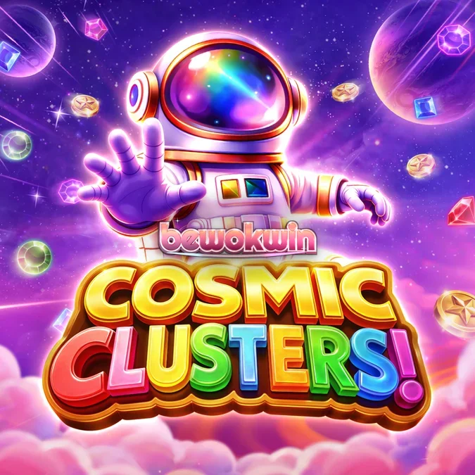 Tampilan antarmuka permainan slot Cosmic Clusters dengan grid 6x6 dan latar belakang nebula ungu.